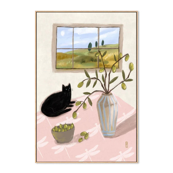 A Cat And Olives 50cm x 70cm Framed Canvas - Natural Frame Wall Art Gioia-Local   
