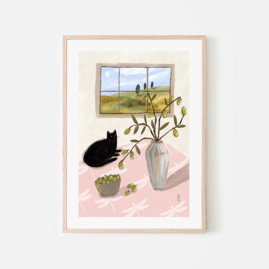 A Cat And Olives 60cm x 90cm Framed Poster - Natural Frame Wall Art Gioia-Local   