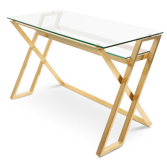 Ex Display - Vanessa 120cm Glass Home Office Desk - Brushed Gold Base Home Office Desk Blue Steel Metal-Core   