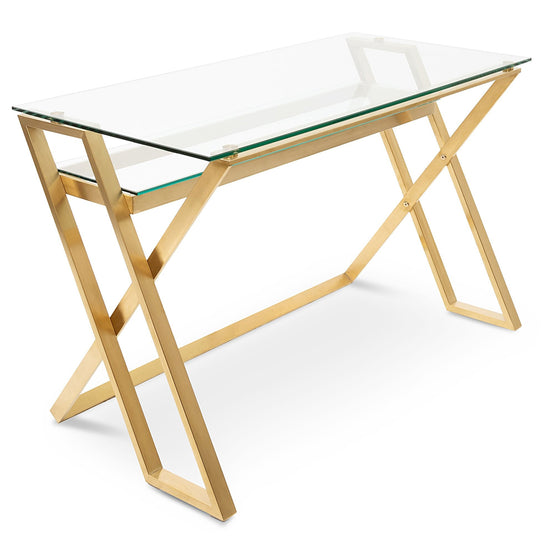 Ex Display - Vanessa 120cm Glass Home Office Desk - Brushed Gold Base Home Office Desk Blue Steel Metal-Core   