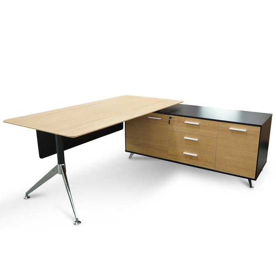 Excel 1.95m Right Return Black Executive Desk - Natural Top and Drawers Office Desk Sun Desk-Core   