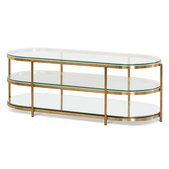 Lucien 1.2M Oval Glass Coffee Table - Bushed Gold Coffee Table Blue Steel Metal-Core   