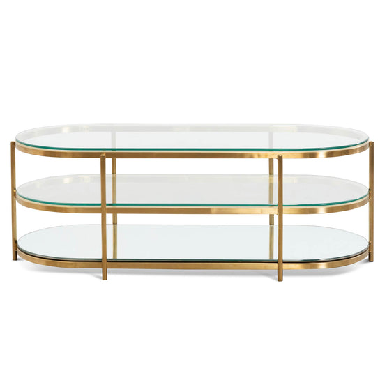 Lucien 1.2M Oval Glass Coffee Table - Bushed Gold Coffee Table Blue Steel Metal-Core   