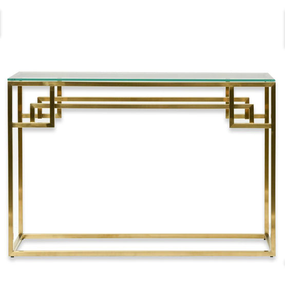 Anderson 1.15m Console Glass Table - Brushed Gold Base Console Table Blue Steel Metal-Core   