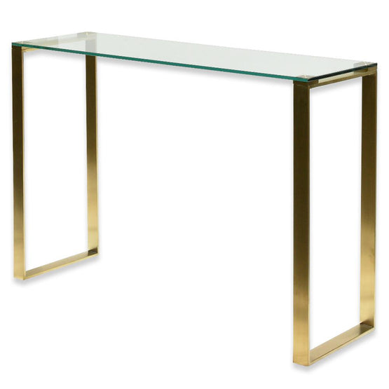 Freder Glass Console Table - Brushed Gold Base Console Table Blue Steel Metal-Core   