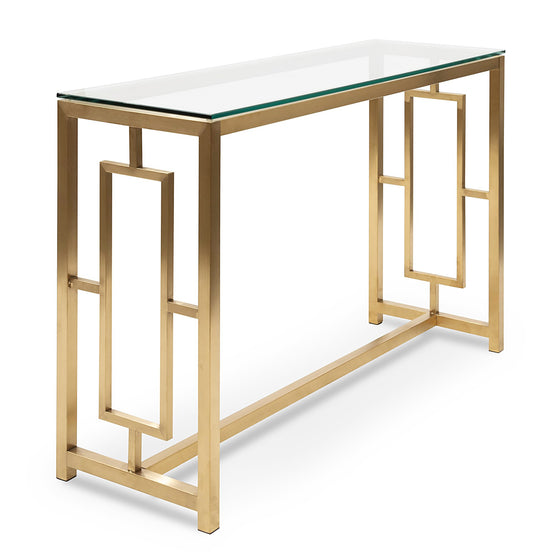 Kater Glass Console table - Brushed Gold Base Console Table Blue Steel Metal-Core   