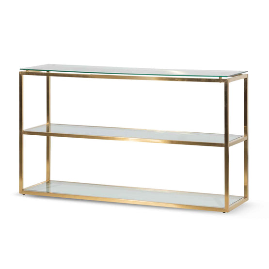 Maureen 1.4m Glass Console Table - Brushed Gold Base Console Table Blue Steel Metal-Core   
