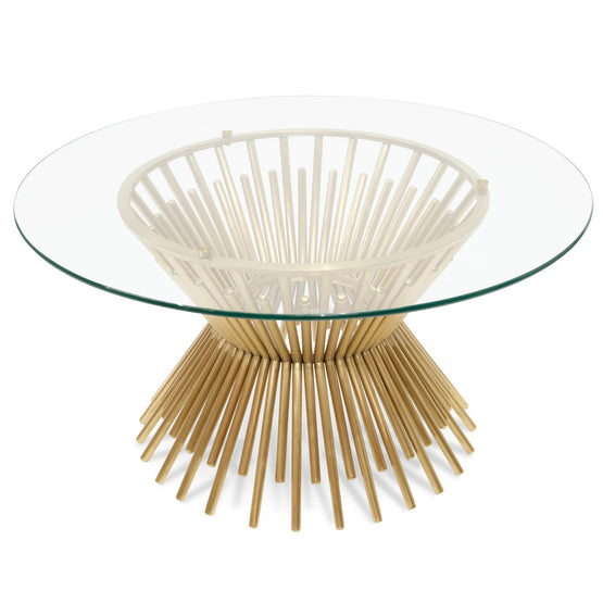 Sassy 90cm Round Glass Coffee Table - Brushed Gold Base Coffee Table Blue Steel Metal-Core   