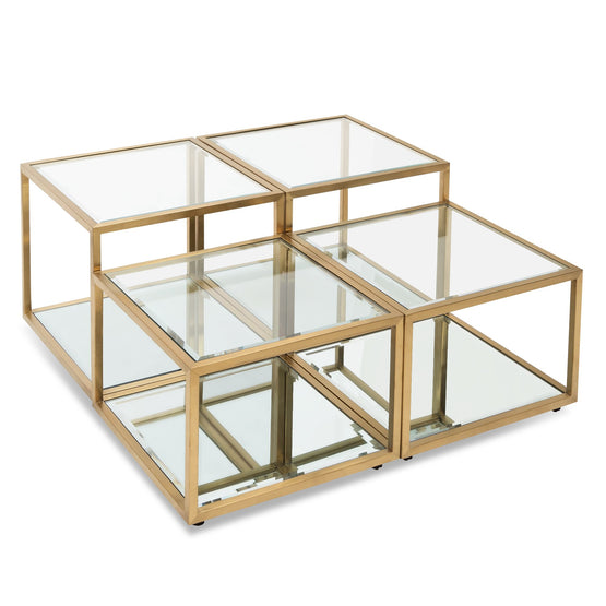 Set of 4 - Oxford 100cm Glass Coffee Table - Brushed Gold Base Coffee Table Blue Steel Metal-Core   