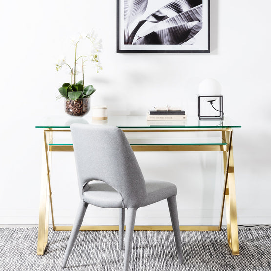 Vanessa 120cm Glass Home Office Desk - Brushed Gold Base Home Office Desk Blue Steel Metal-Core   