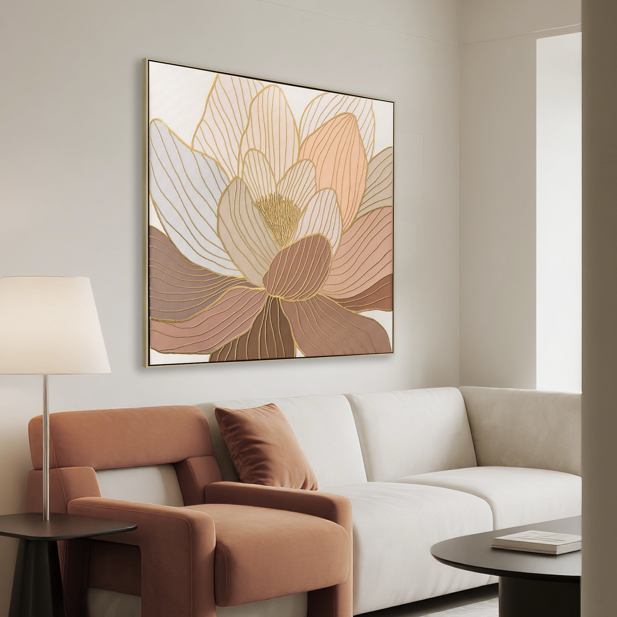 Golden Petal Reverie Style A 80 x 80cm Framed Canvas - Natural Wall Art Cloud-Core