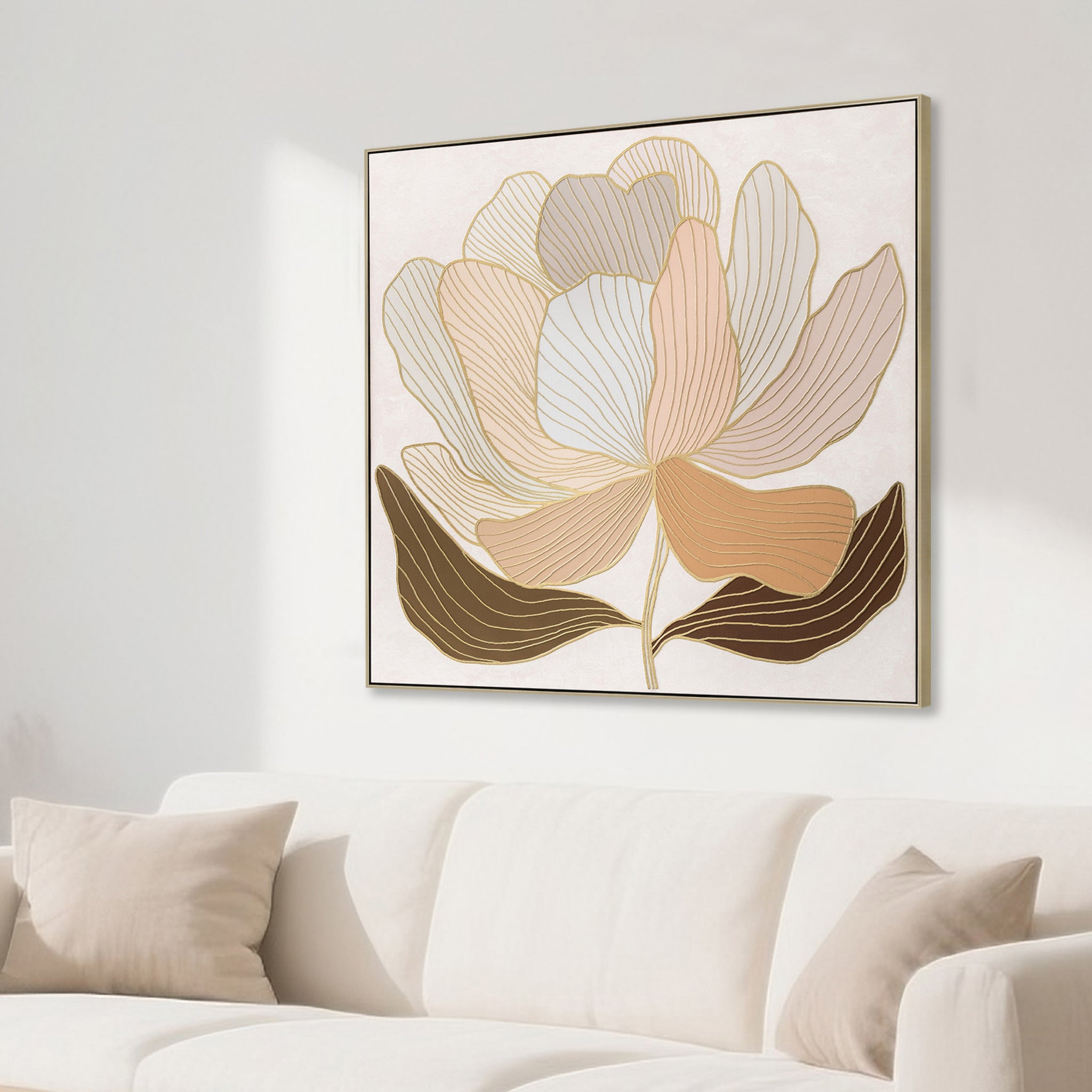 Golden Petal Reverie Style B 80 x 80cm Framed Canvas - Natural Wall Art Cloud-Core