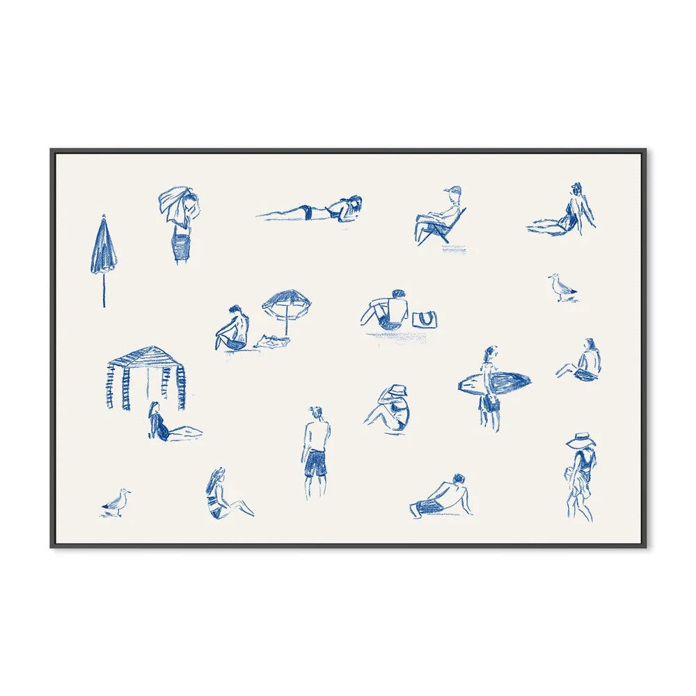 Blue Beach People Landscape, By Cass Deller Wall Art Gioia-Local 60x40cm Framed Canvas Black
