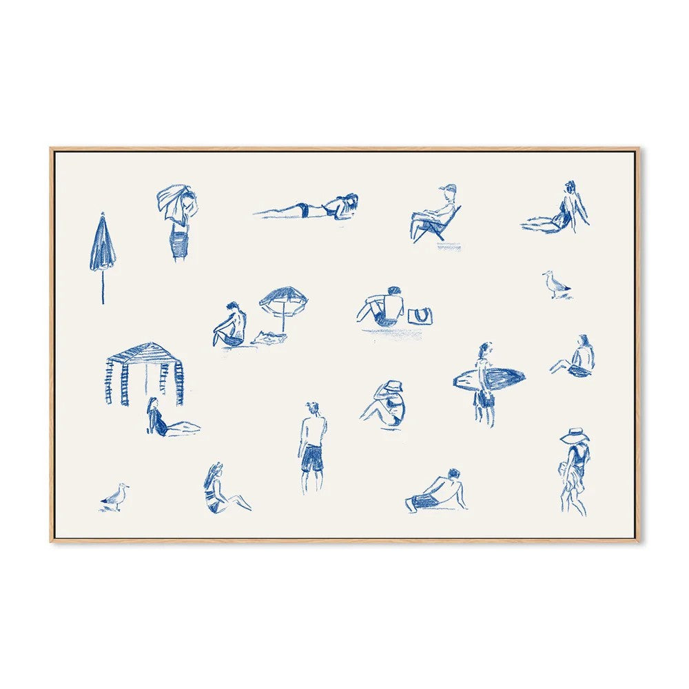 Blue Beach People Landscape, By Cass Deller Wall Art Gioia-Local 60x40cm Framed Canvas Oak