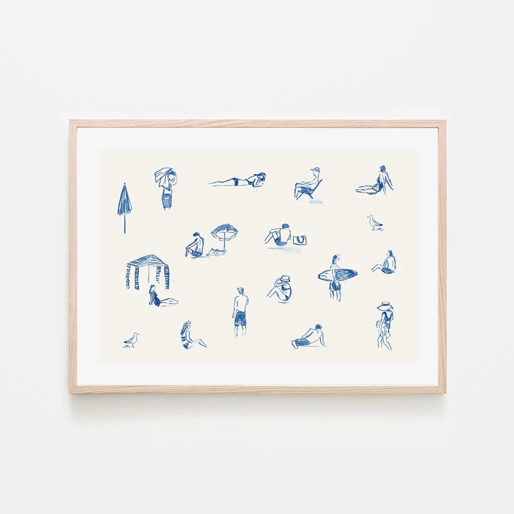Blue Beach People Landscape, By Cass Deller Wall Art Gioia-Local 60x40cm Framed Poster Black