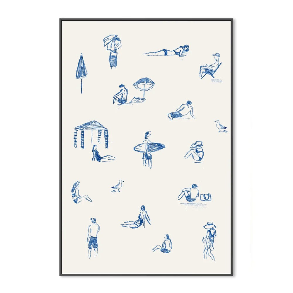 Blue Beach People Portrait, By Cass Deller Wall Art Gioia-Local Black Framed Canvas 40x60cm