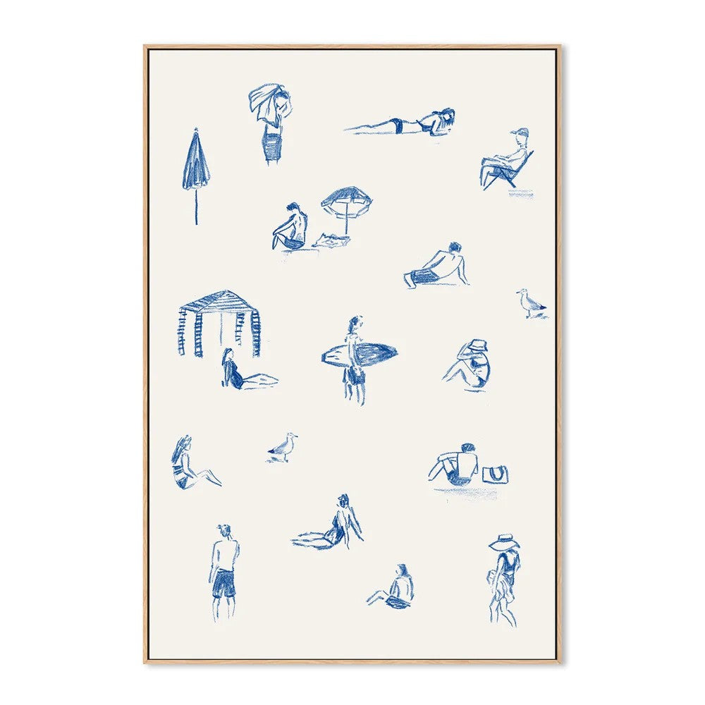 Blue Beach People Portrait, By Cass Deller Wall Art Gioia-Local Oak Framed Canvas 40x60cm
