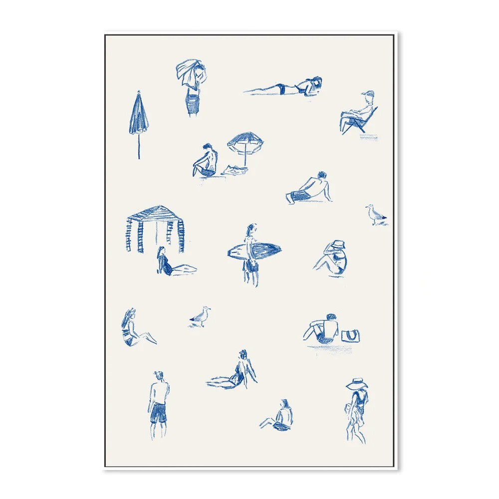 Blue Beach People Portrait, By Cass Deller Wall Art Gioia-Local White Framed Canvas 40x60cm