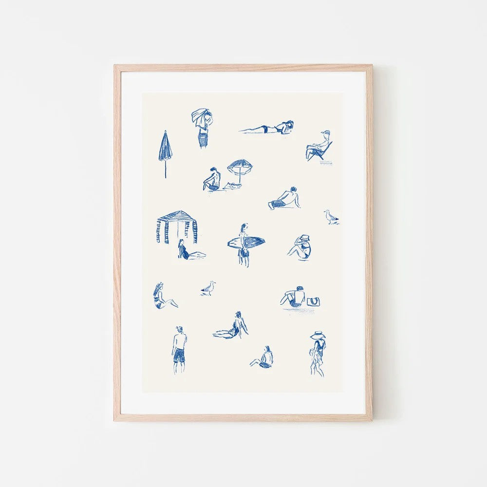 Blue Beach People Portrait, By Cass Deller Wall Art Gioia-Local Black Framed Poster 40x60cm