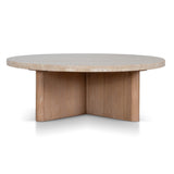 Agosti Travertine Marble 100cm Round Coffee Table - Light Natural Elm Coffee Table Nicki-Core