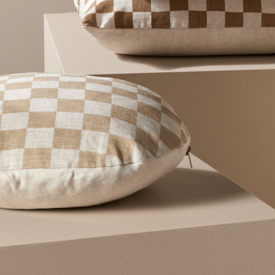 Ex Display - Check 40cm Round Cushion - Fawn with Feather Insert Cushion Warran-Local