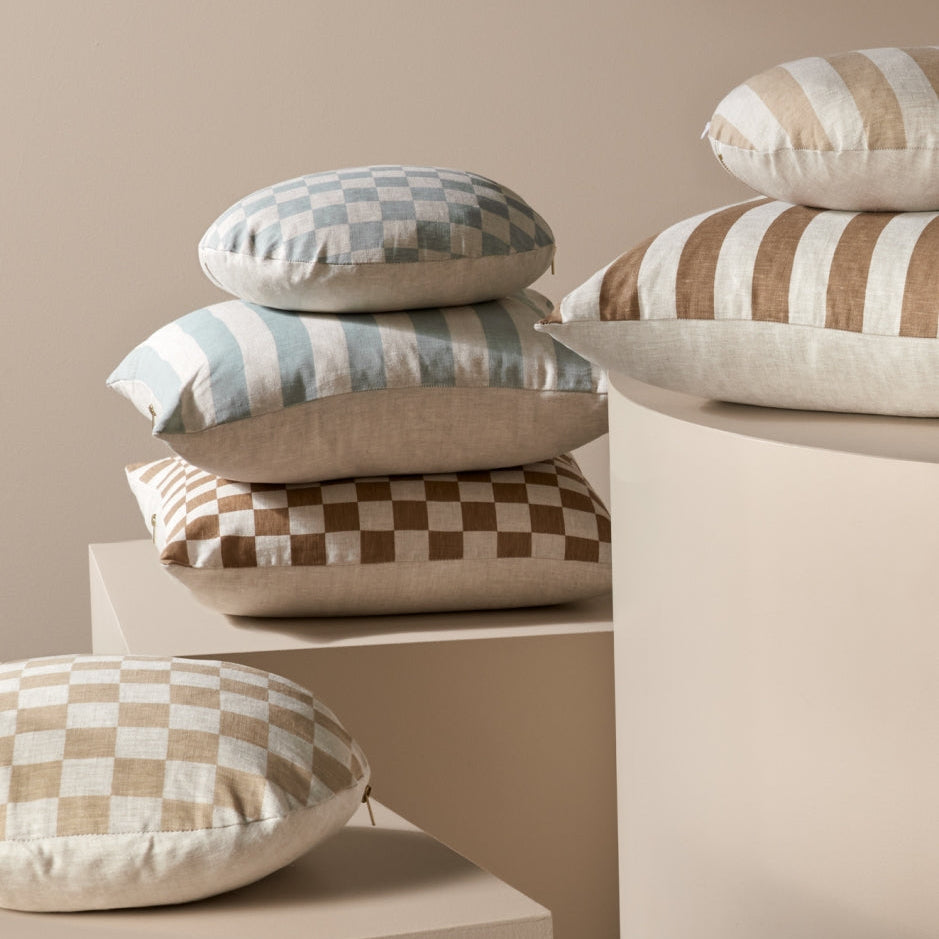 Ex Display - Check 40cm Round Cushion - Sky with Feather Insert Cushion Warran-Local