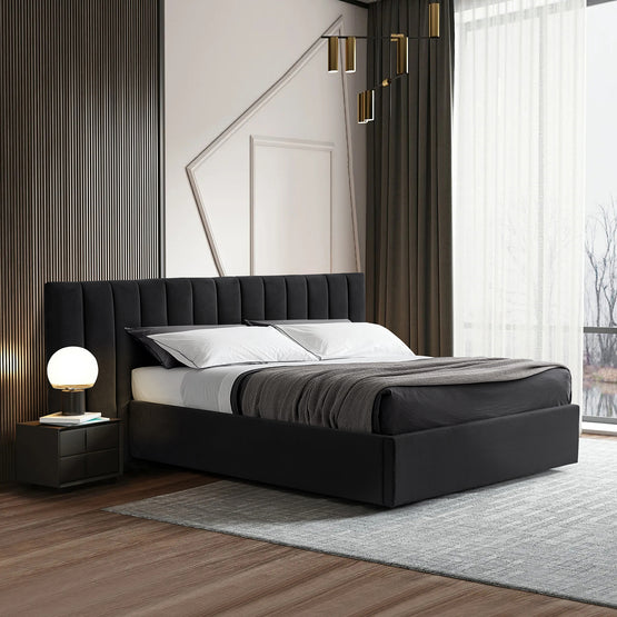 Ralph Wide Base Queen Bed Frame - Black Velvet with Storage Bed Frame Ming-Core   