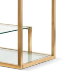Ex Display - Maureen 1.4m Glass Shelving Unit - Brushed Gold Frame Shelves Blue Steel Metal-Core   
