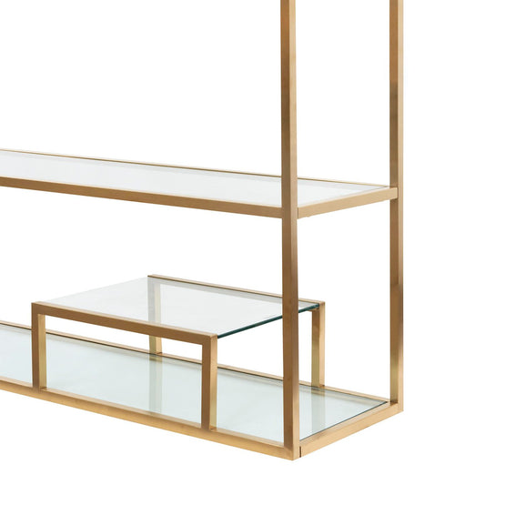 Ex Display - Maureen 1.4m Glass Shelving Unit - Brushed Gold Frame Shelves Blue Steel Metal-Core   