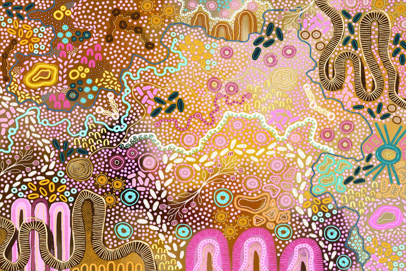 Earth's Gathering, By Tulearah Shield Wall Art Gioia-Local 60x40cm Framed Canvas Gold