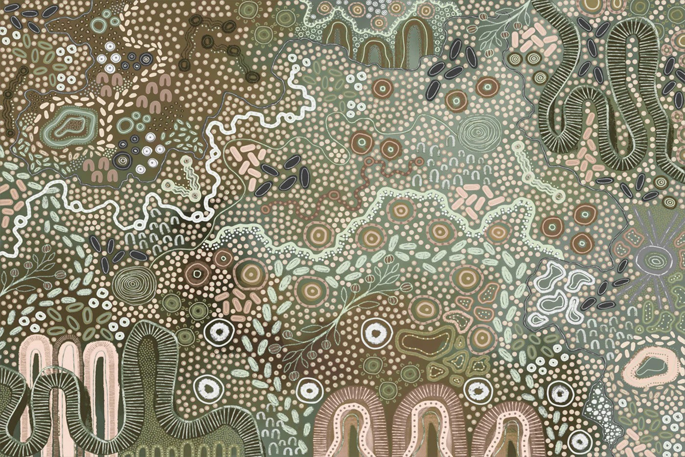 Earth's Gathering, Green Tones, By Tulearah Shield Wall Art Gioia-Local 60x40cm Framed Canvas Gold