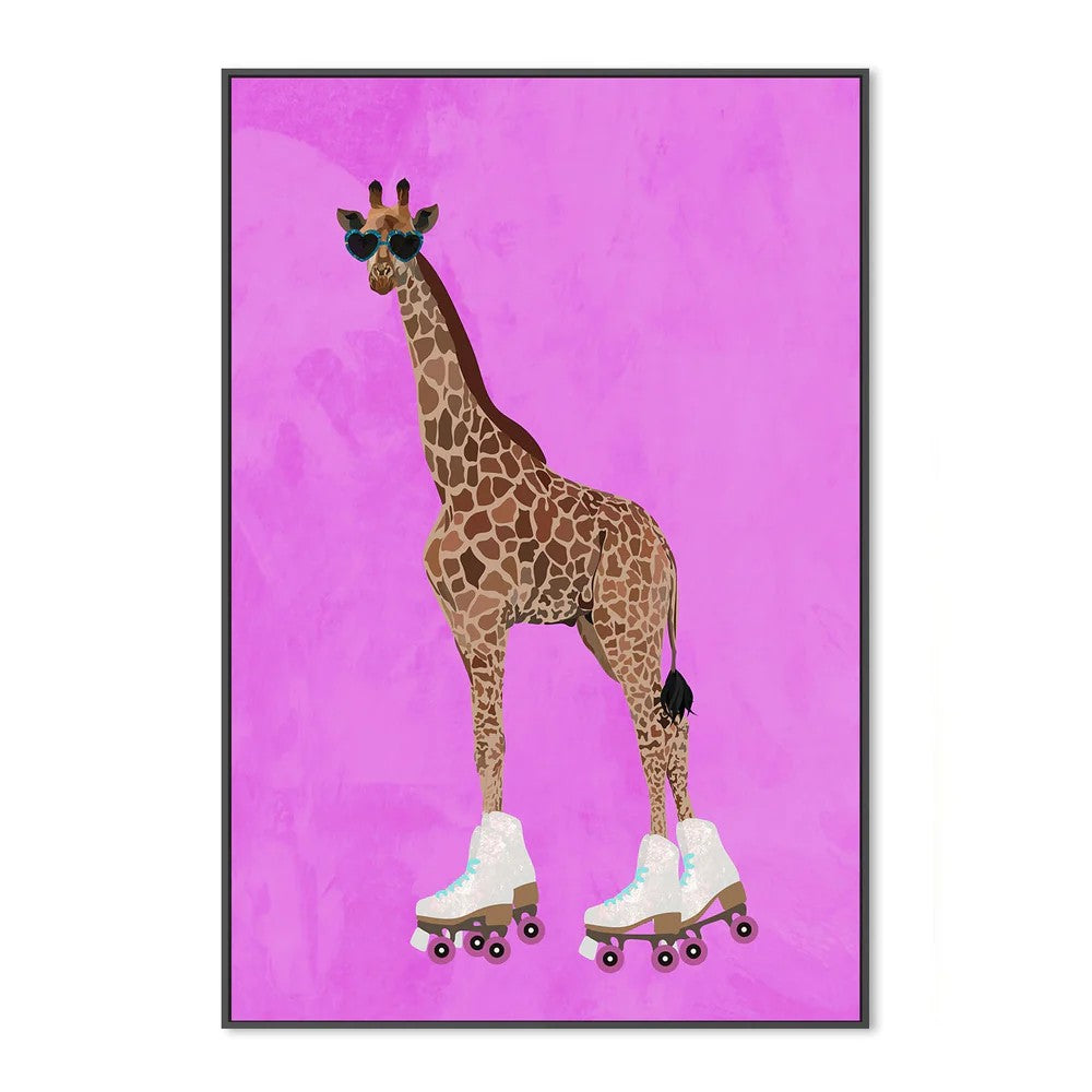 Giraffe Rollerskating, By Sarah Manovski Wall Art Gioia-Local Black Framed Canvas 40x60cm