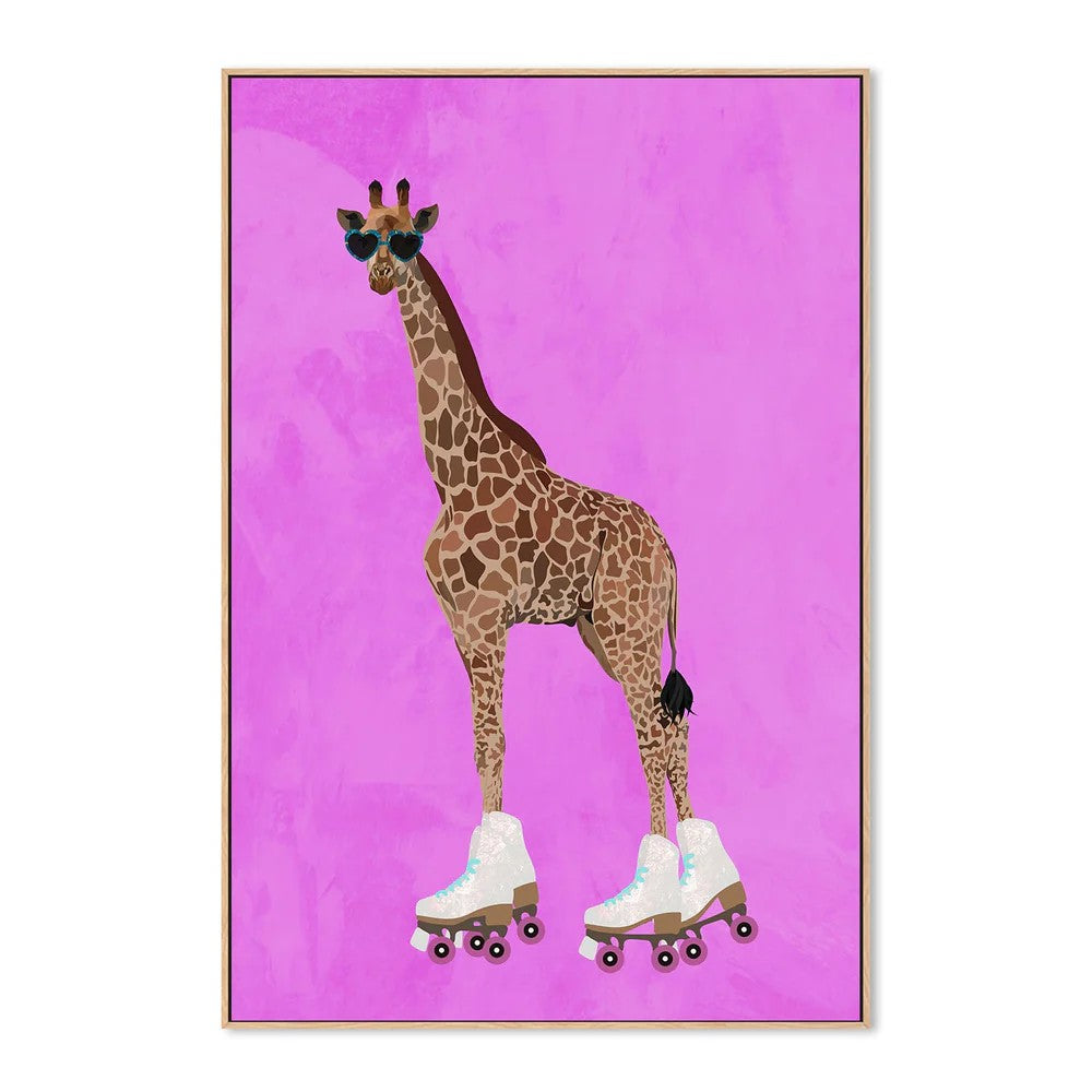 Giraffe Rollerskating, By Sarah Manovski Wall Art Gioia-Local Oak Framed Canvas 40x60cm