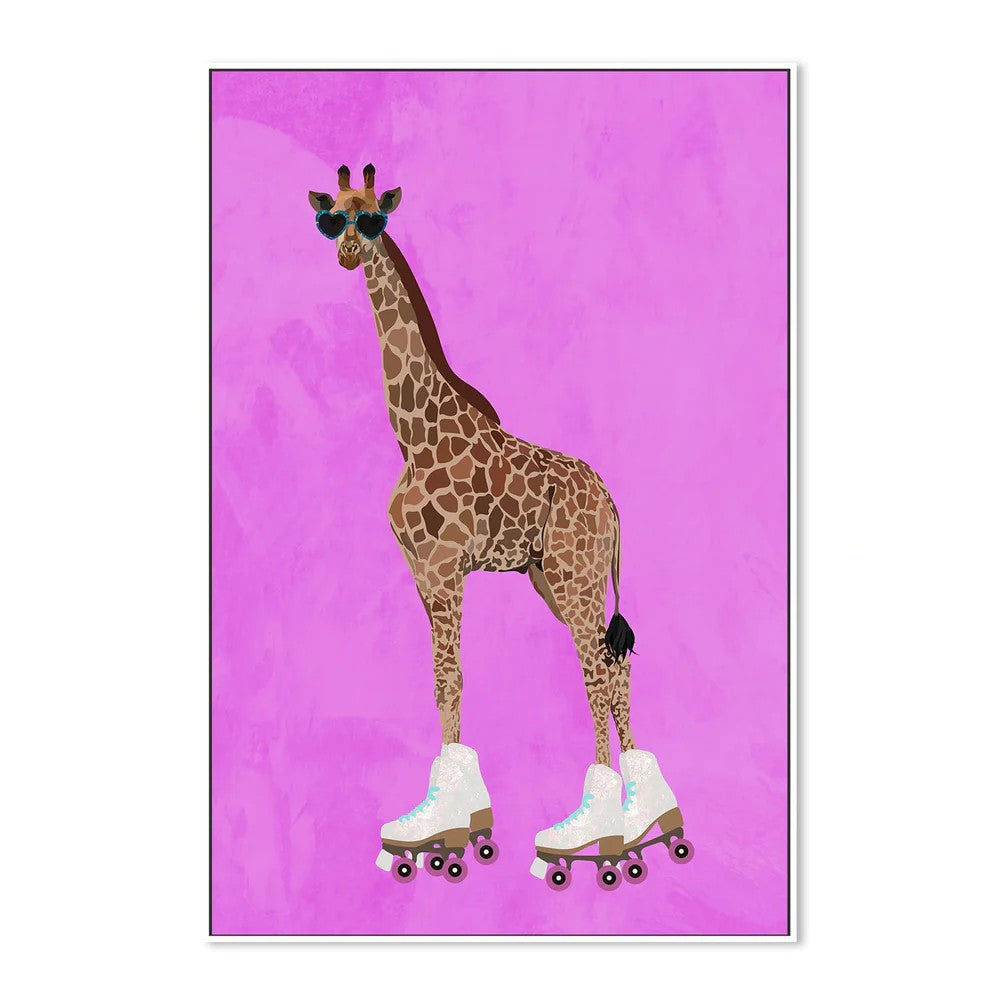 Giraffe Rollerskating, By Sarah Manovski Wall Art Gioia-Local White Framed Canvas 40x60cm