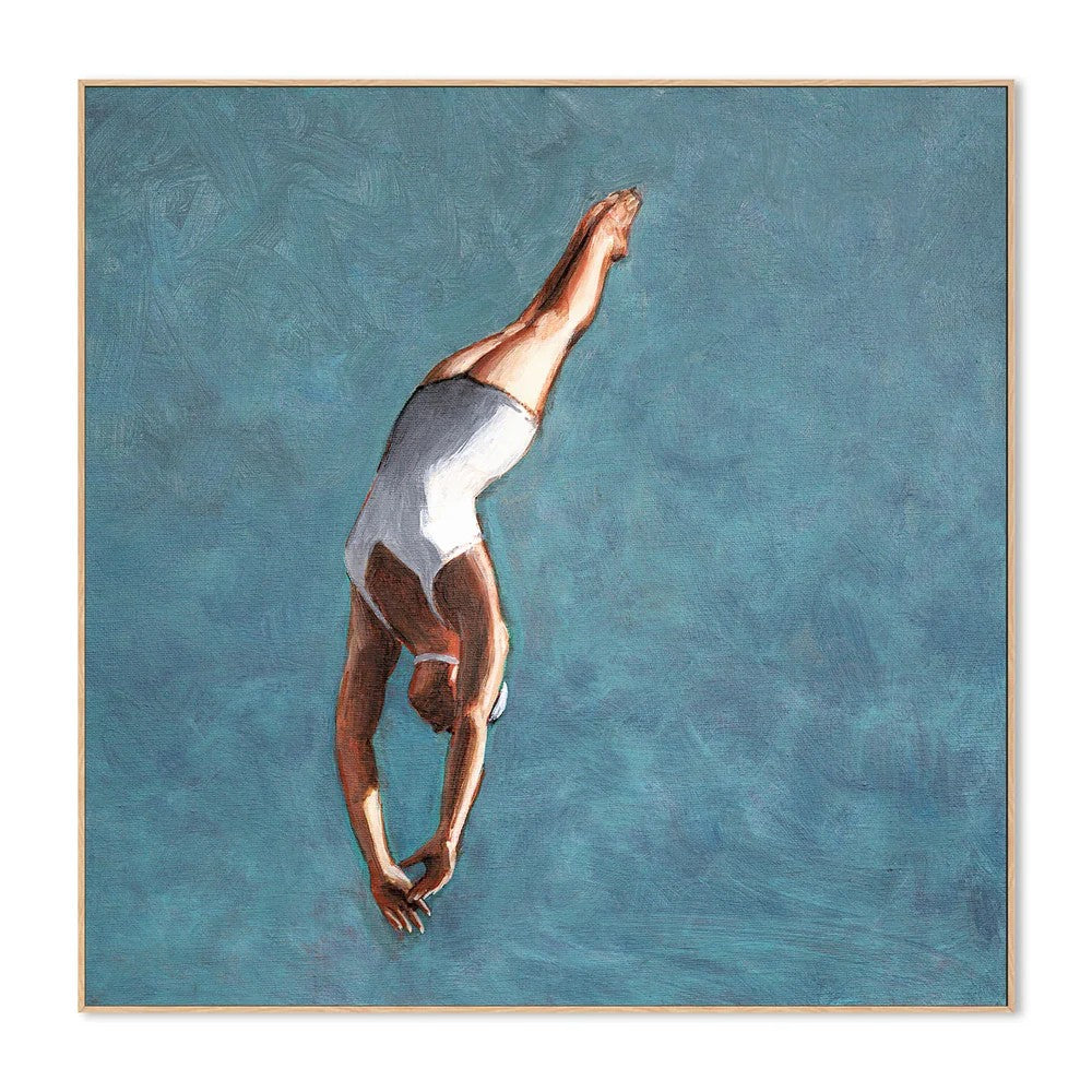 High Diver In Aqua Sky, By Sarah Morrissette Wall Art Gioia-Local 50x50cm Framed Canvas Oak