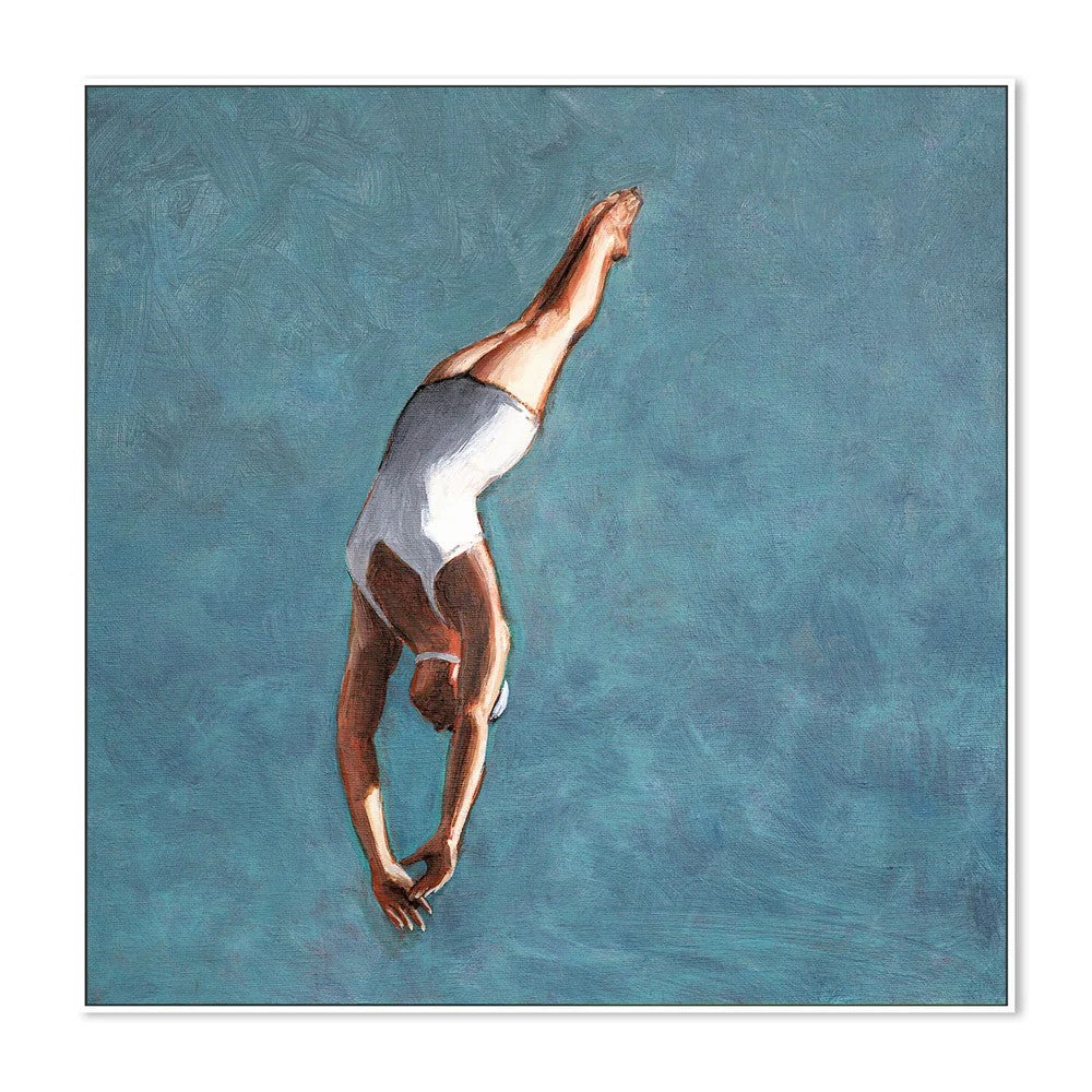 High Diver In Aqua Sky, By Sarah Morrissette Wall Art Gioia-Local 50x50cm Framed Canvas White