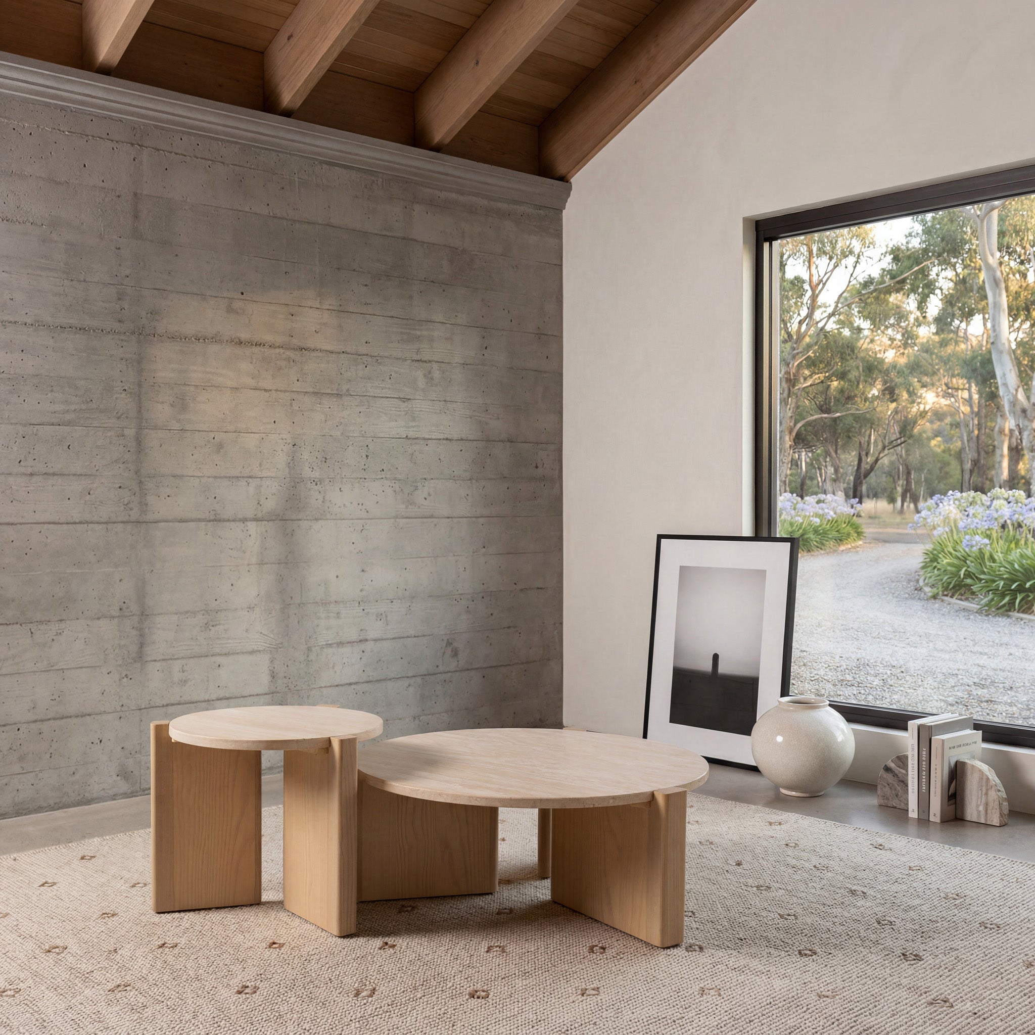 Linden Travertine Top Round Nested Table - Creme Ash Coffee Table Kodak-Core