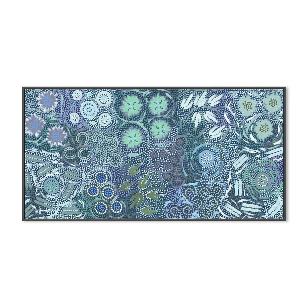 My Great Great Grandmothers Land, Greeny Blue Tone, By Azeza Possum Wall Art Gioia-Local 80x40cm Framed Canvas Black