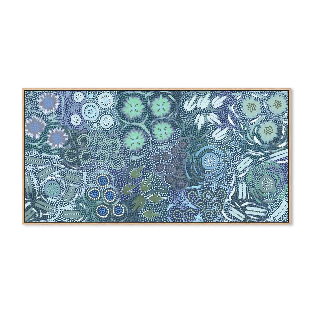 My Great Great Grandmothers Land, Greeny Blue Tone, By Azeza Possum Wall Art Gioia-Local 80x40cm Framed Canvas Oak