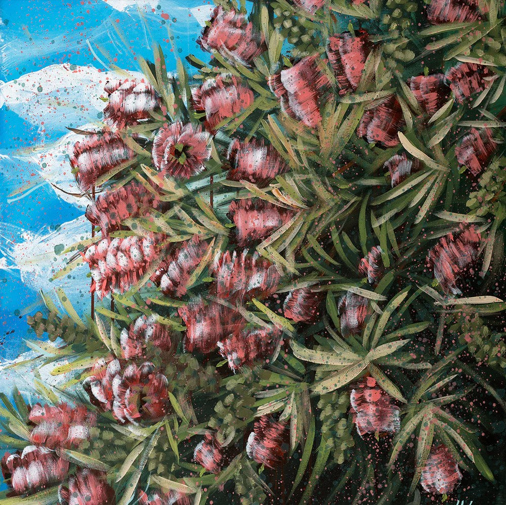 Our Adventure Begins - Bottle Brush Flowers, By Hsin Lin Wall Art Gioia-Local Gold Framed Canvas 50x50cm