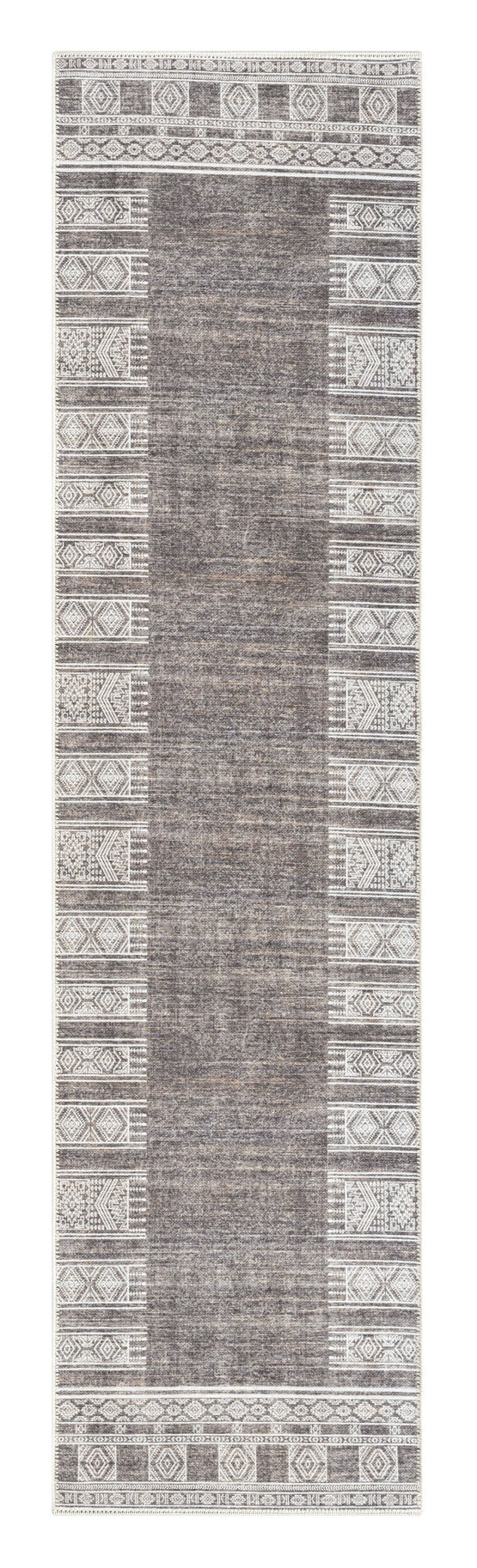 Raia 200cm x 80cm Tribal Distressed Washable Runner Rug - Charcoal & Grey