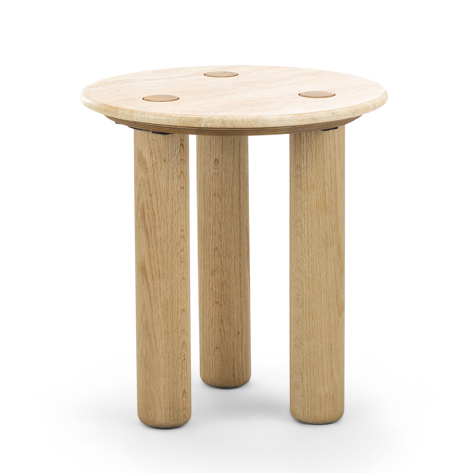Rovelle 45cm Round Travertine Side Table - Cream & Natural Oak Side Table Eastern-Local
