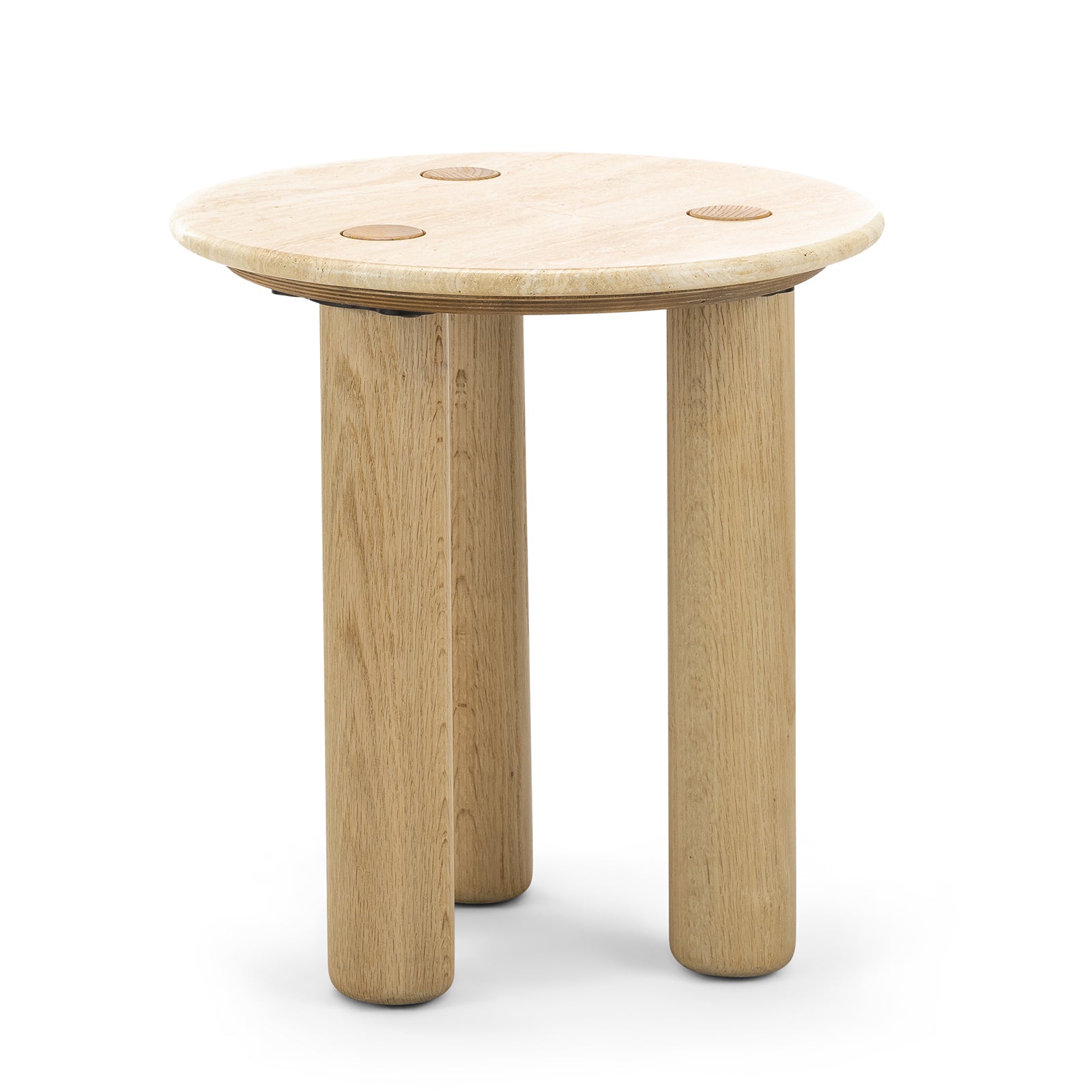 Rovelle 45cm Round Travertine Side Table - Cream & Natural Oak Side Table Eastern-Local