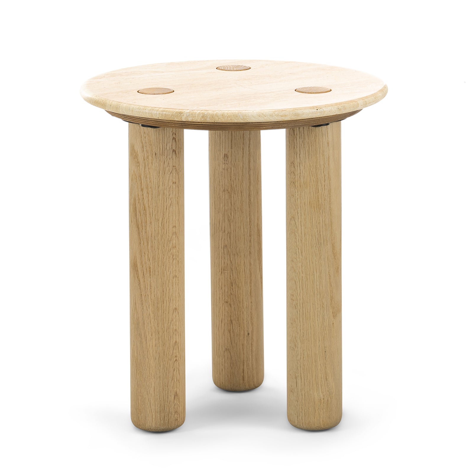 Rovelle 45cm Round Travertine Side Table - Cream & Natural Oak Side Table Eastern-Local