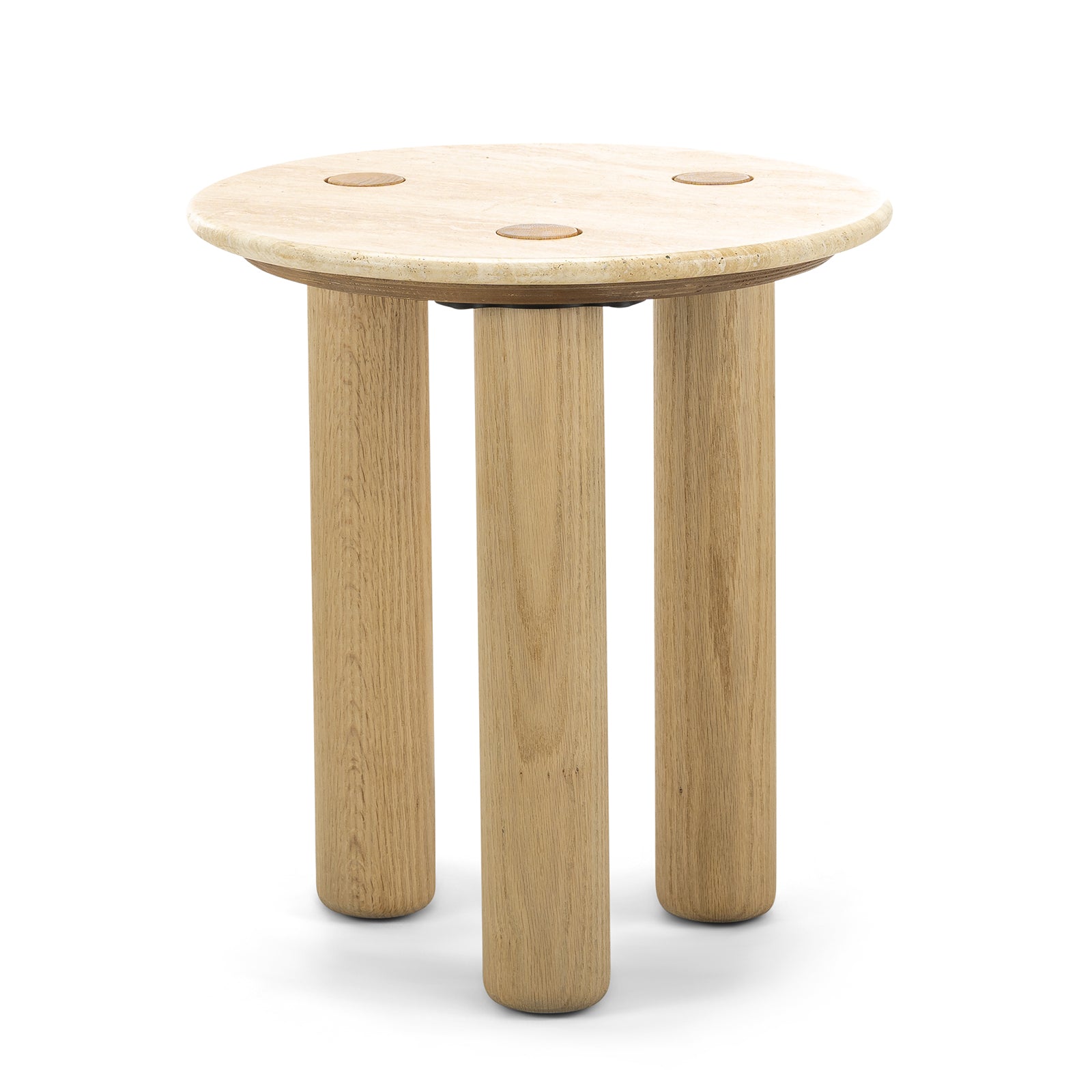Rovelle 45cm Round Travertine Side Table - Cream & Natural Oak Side Table Eastern-Local