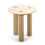 Rovelle 45cm Round Travertine Side Table - Cream & Natural Oak Side Table Eastern-Local