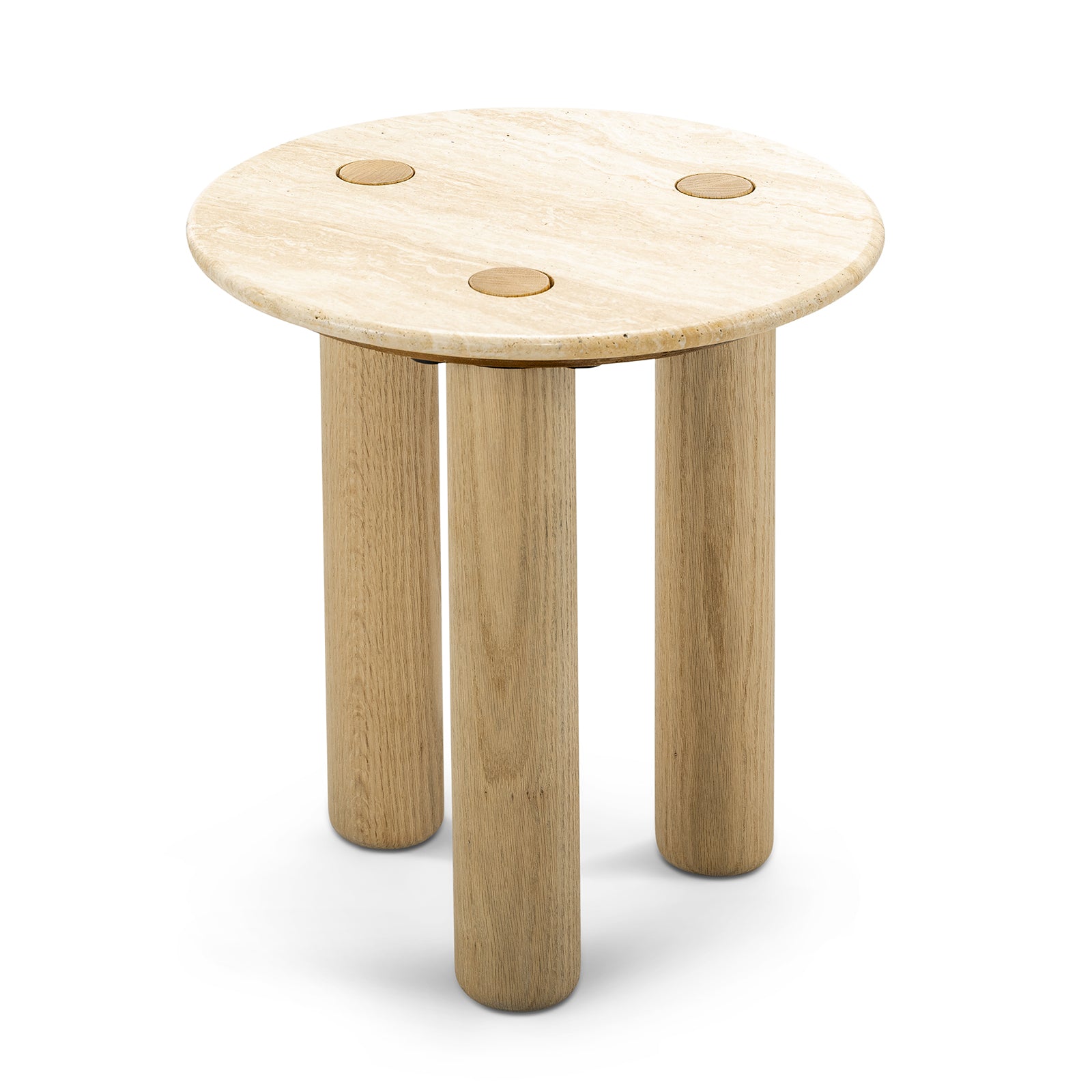Rovelle 45cm Round Travertine Side Table - Cream & Natural Oak Side Table Eastern-Local