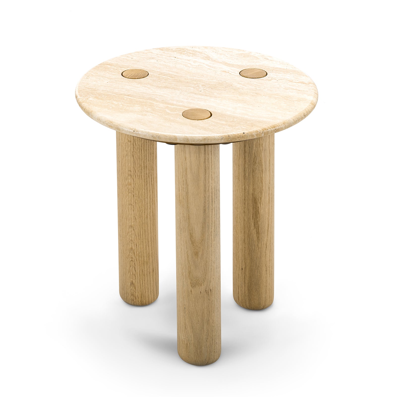 Rovelle 45cm Round Travertine Side Table - Cream & Natural Oak Side Table Eastern-Local