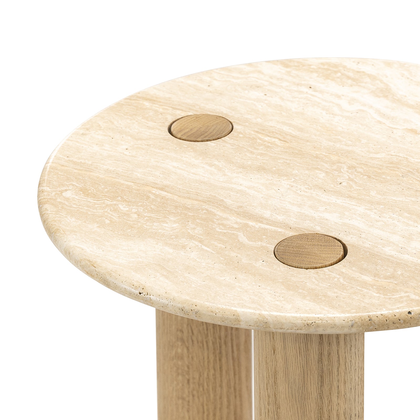 Rovelle 45cm Round Travertine Side Table - Cream & Natural Oak Side Table Eastern-Local