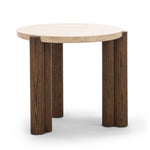 Sorvane 57cm Round Travertine Side Table - Cream & Brown Oak Side Table Eastern-Local